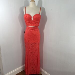 Bebe Maxi Skirt Top Womens M Coral Lace Romantic Fairycore Festival Sexy Y2K Set